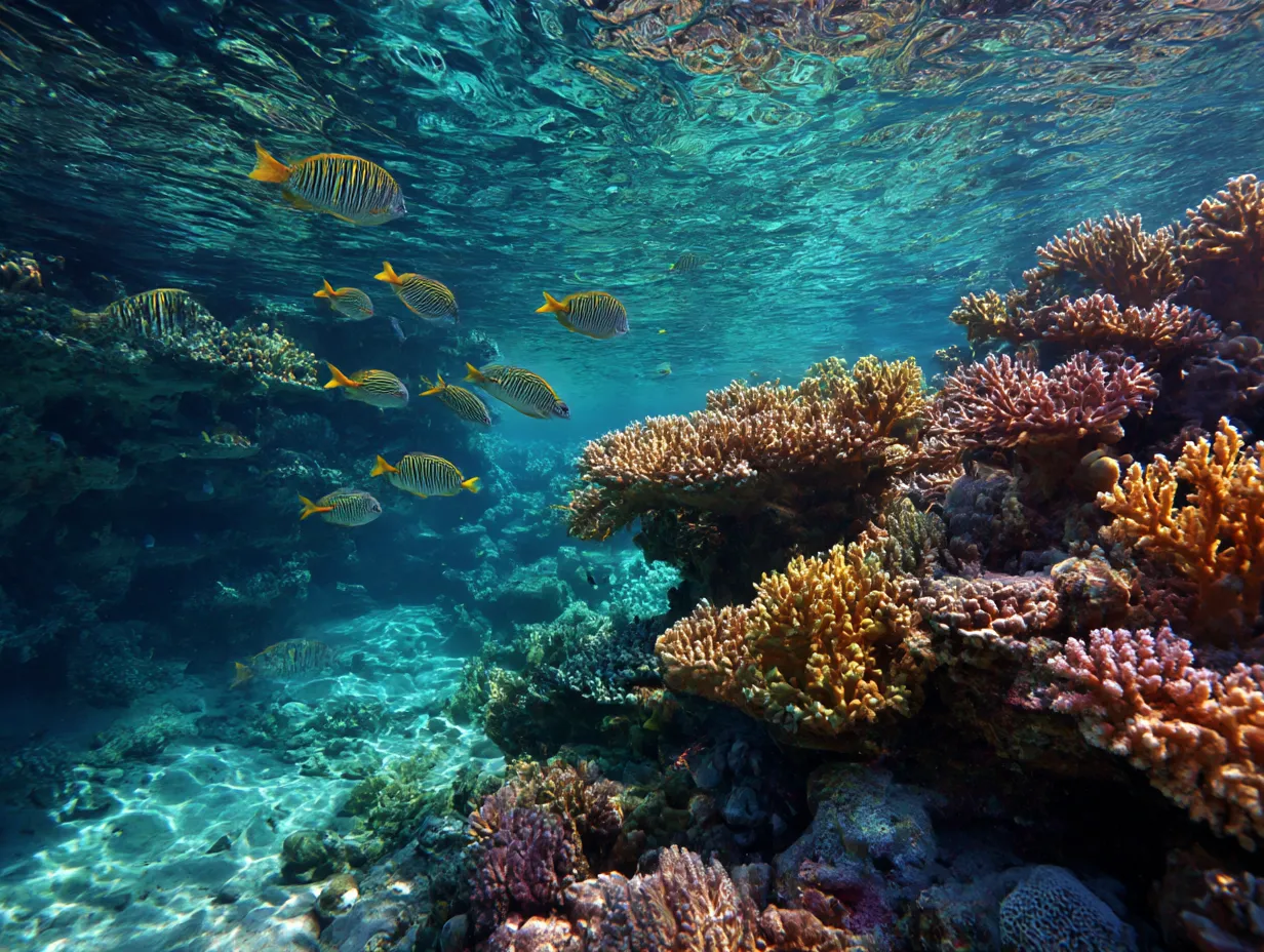 サンゴと魚が輝く水族館の写真｜美しいサンゴ礁とともに黄色い魚の群れが泳ぐ水族館の写真。自然の再現された景観の中で、魚が生き生きと映えています。