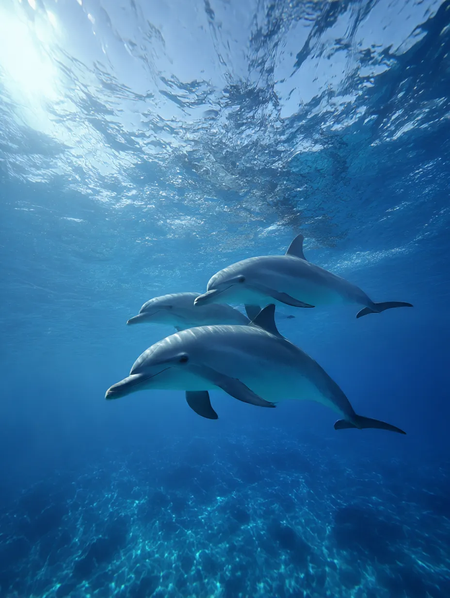 イルカ写真：透明な海に浮かぶ影｜美しい青のグラデーションの中でイルカたちが自由に泳ぐ構図。光の反射がきらめくこのイルカ写真は、水中の透明感を引き立てている。