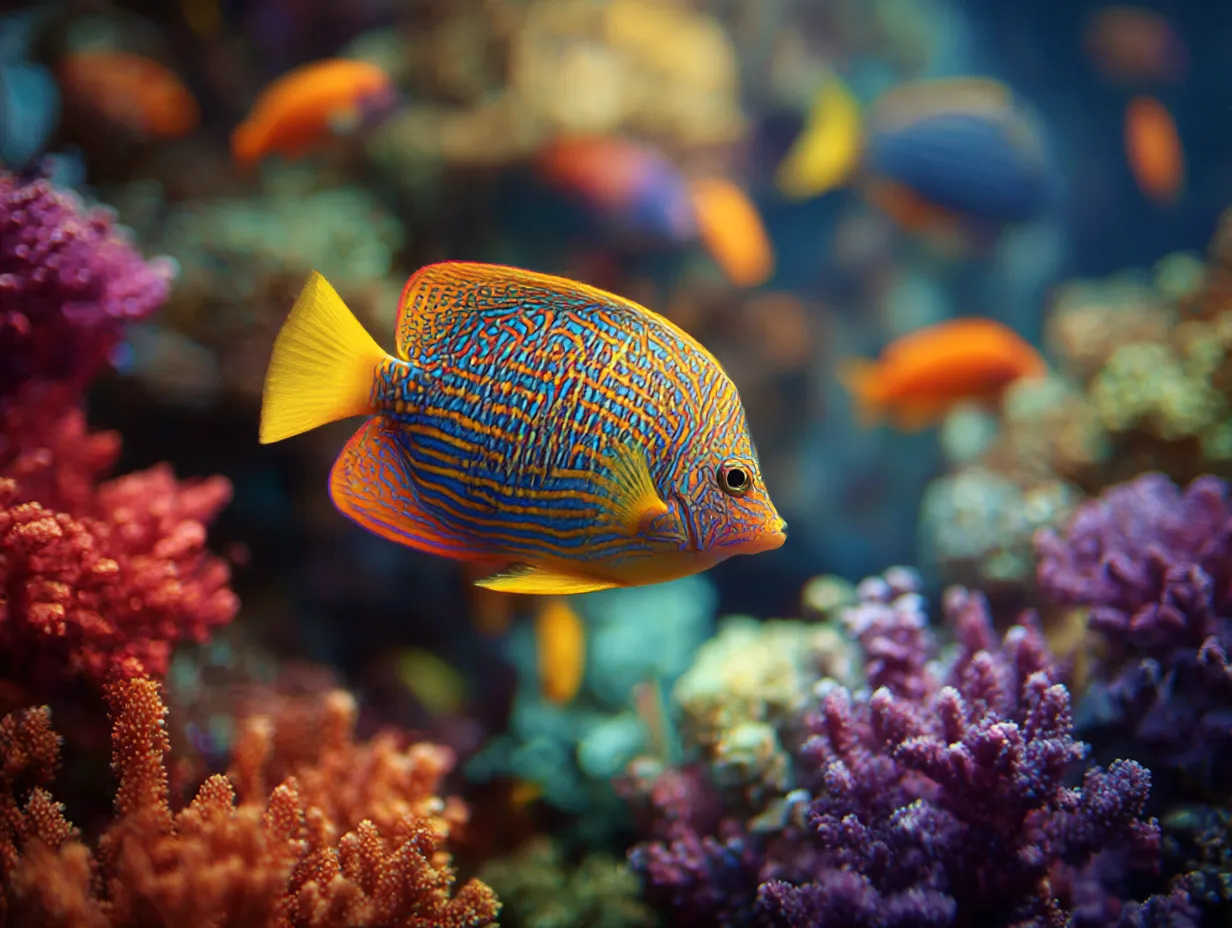 鮮やかな熱帯魚の水族館写真｜色彩豊かな熱帯魚が泳ぐ水族館の写真。背景のサンゴと魚の組み合わせが視覚的にも華やかで、夢の中の世界を感じさせてくれます。