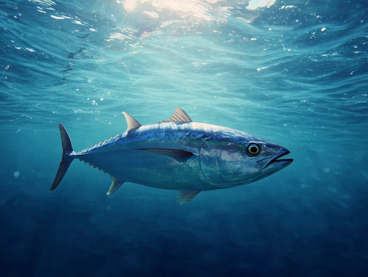 陽光に浮かぶカツオの写真｜太陽の光に照らされながら、透き通るような青い海を泳ぐカツオの姿が美しい写真。自然の恵みと爽やかな海の広がりが印象的です。