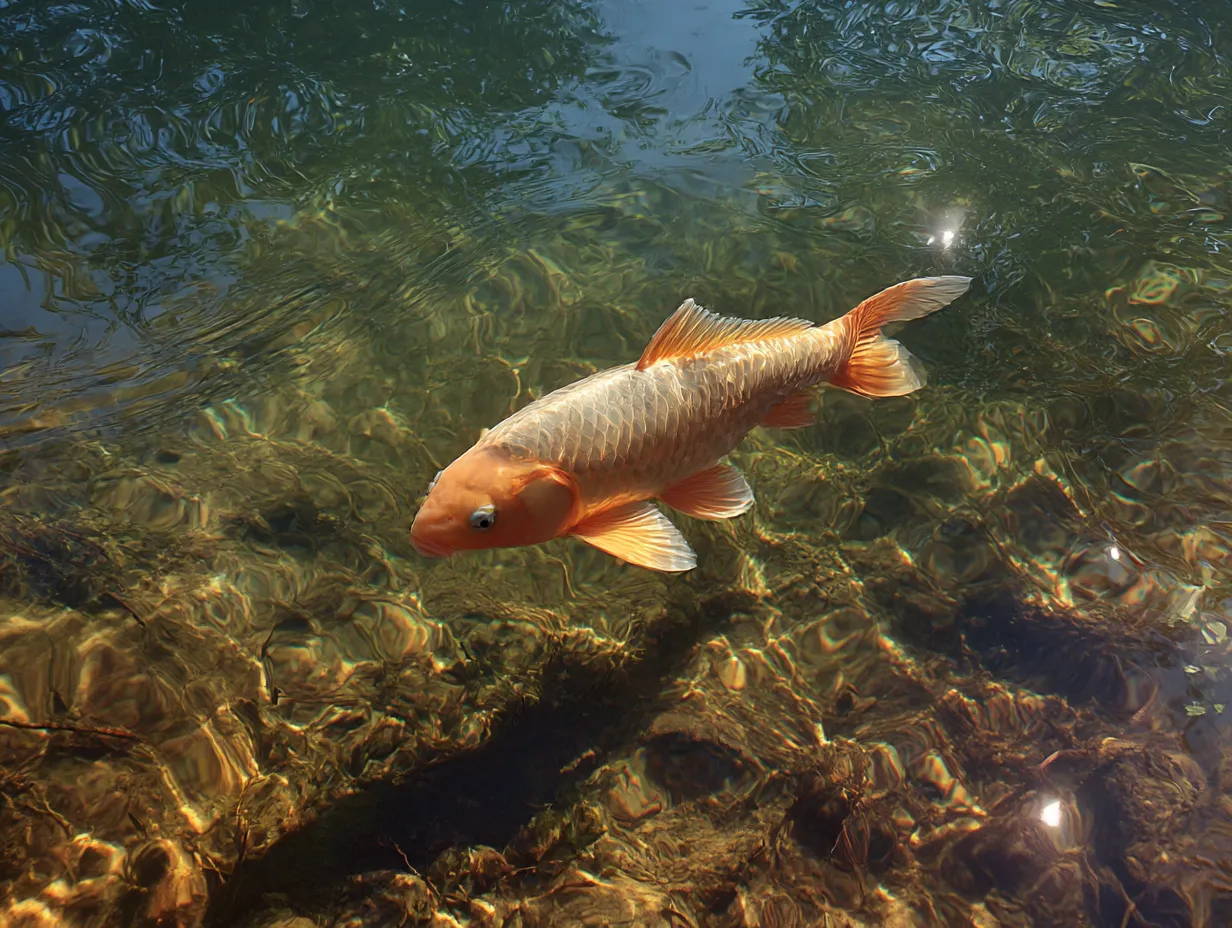 陽光に輝く鯉の水中写真｜浅瀬を泳ぐ鯉が陽の光を受けて金色に輝く美しい水中写真。静かで穏やかな時間の流れと、鯉の優雅な存在感が際立ちます。