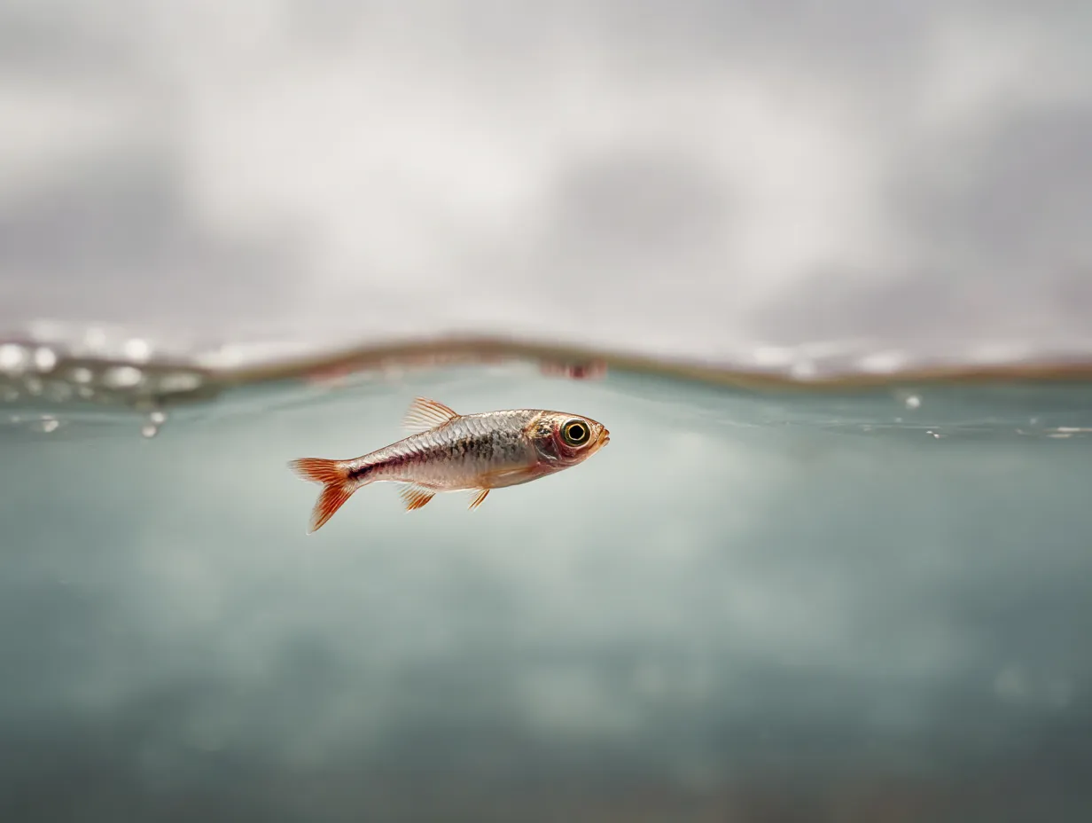 水面近くを漂う小魚の写真｜透明な水面に浮かぶように泳ぐ一匹の小魚を捉えた写真。儚くも繊細な命の輝きが、小魚の瞳に映し出されているように感じられます。