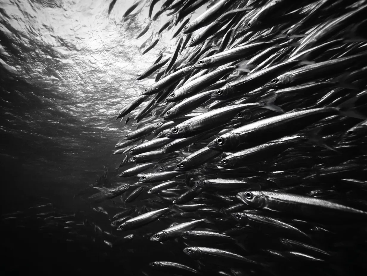 モノクロで魅せるイワシ群の写真｜モノクロームで表現されたイワシ群が静かに迫ってくるような写真。色を排したことで、群れの密度と力強さがより際立っています。