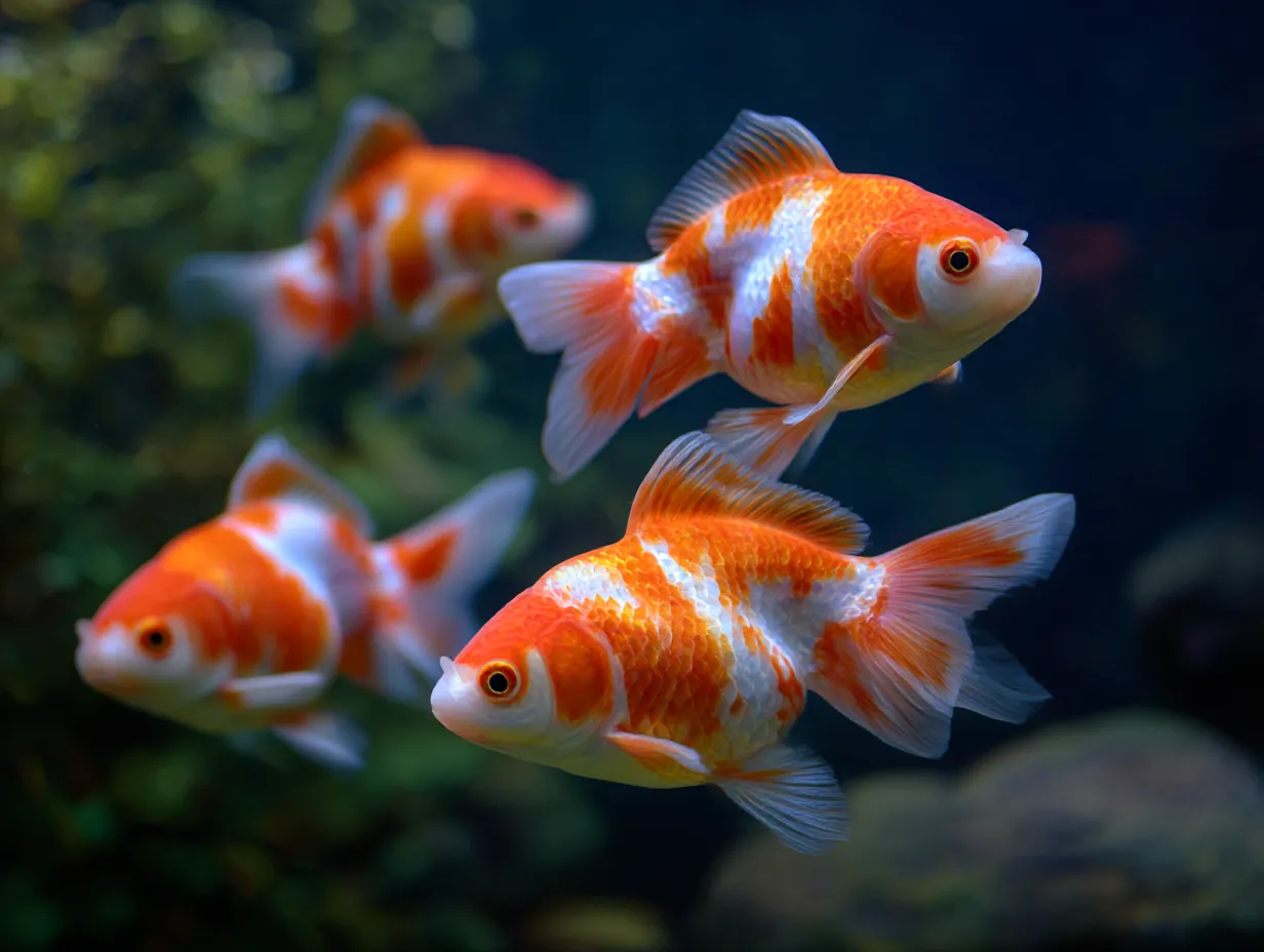 優雅に泳ぐ金魚たち｜幻想的な水中世界に浮かぶ金魚たちが、優雅な姿で鑑賞者を癒やします。柔らかな光に照らされた金魚は、金魚の持つ日本的美を象徴しています。