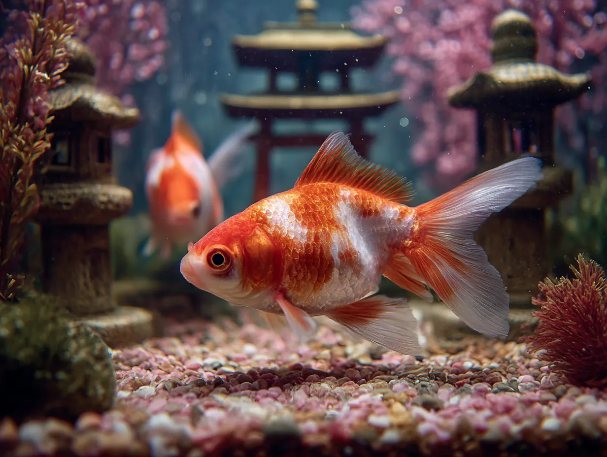 灯籠と金魚の庭園｜石灯籠と金魚が共演する美しい水槽風景。日本庭園の趣の中に佇む金魚は、静寂で落ち着いた空気を纏い、和の情緒を伝えてくれます。