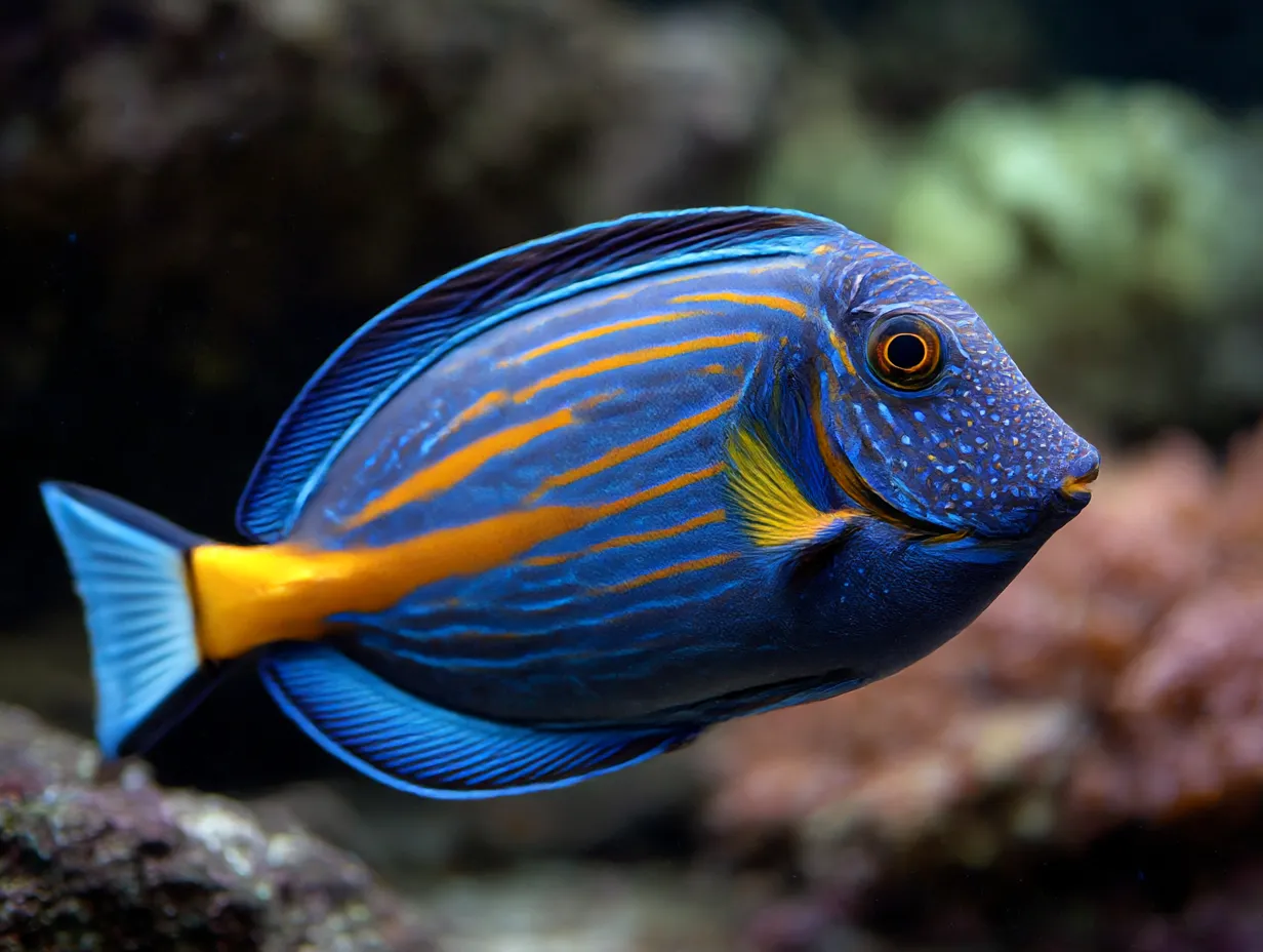 ブルーが映える熱帯魚｜深海を思わせる背景に、鮮やかな青と橙が映える熱帯魚がひときわ目を引きます。熱帯魚の持つ幻想的な色彩が、異国の海を感じさせます。