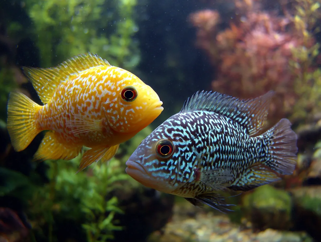 対話するような熱帯魚｜異なる色と模様を持つ二匹の熱帯魚が向かい合う様子は、まるで会話をしているかのよう。熱帯魚がつくる自然なバランスが水槽内を彩ります。