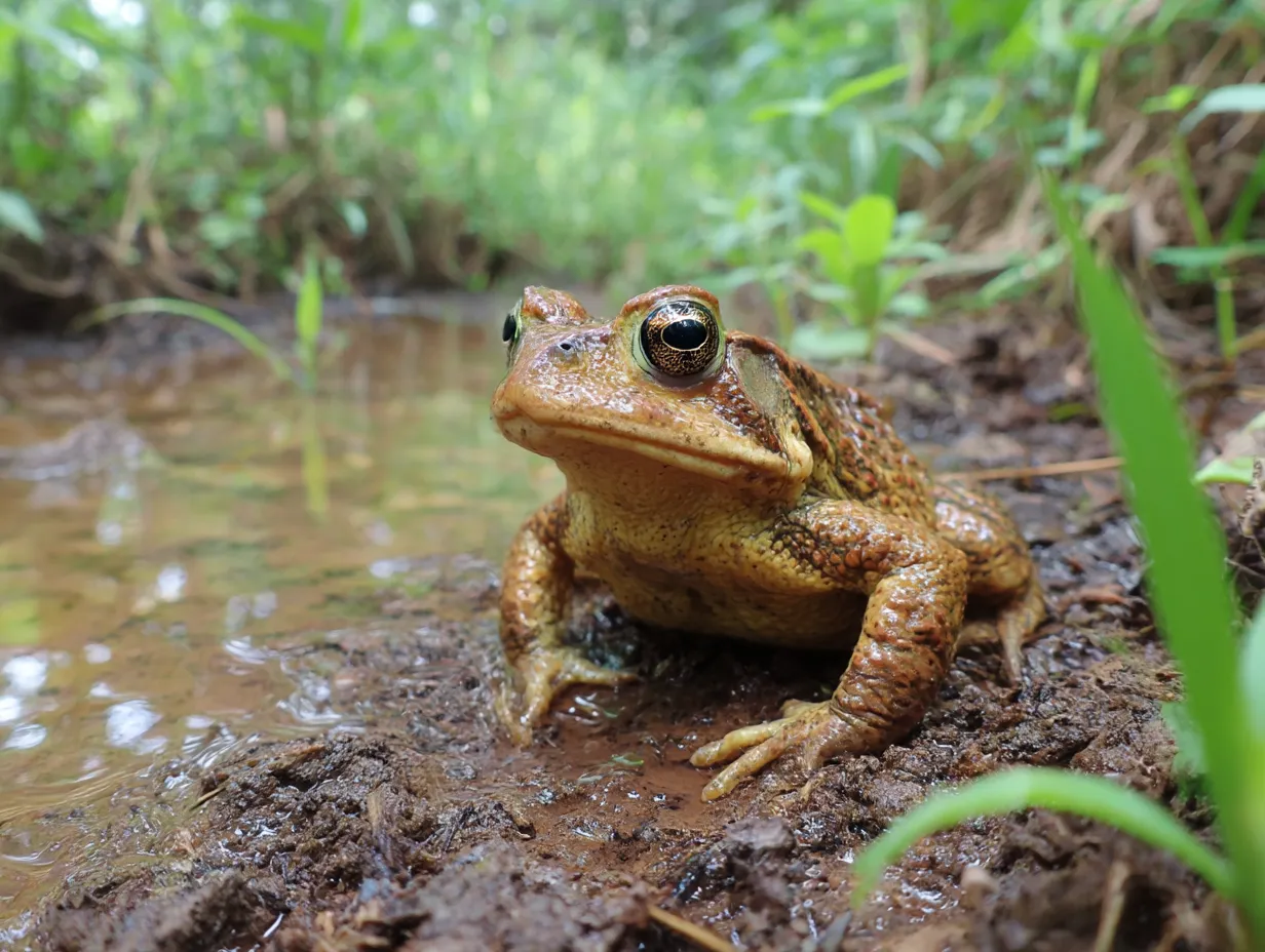 水辺に佇む茶色いカエルの写真｜小川のほとりでじっと見つめる茶色のカエルが、水と緑の中でひっそりと息づいています。カエルの写真が持つ静けさが心を落ち着かせます。