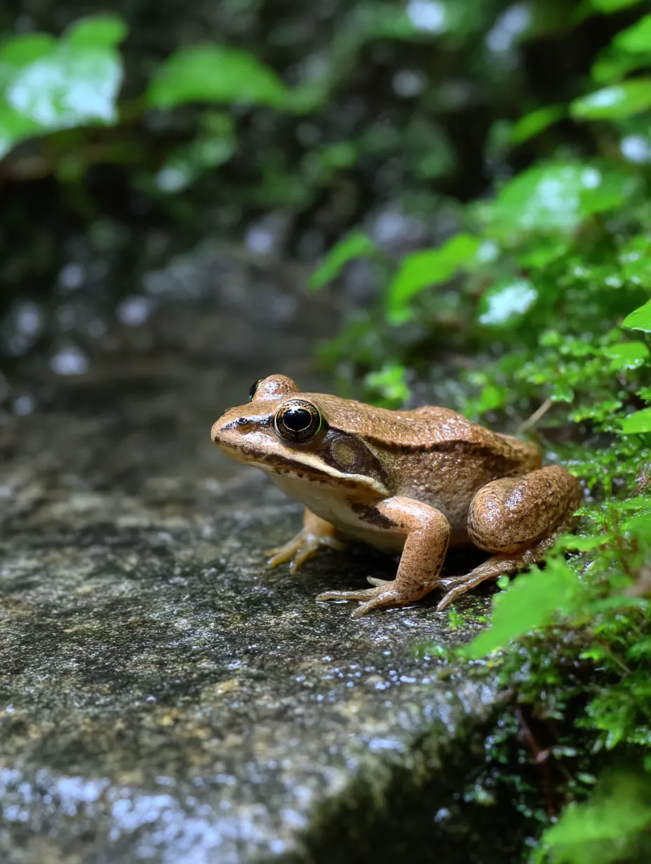 岩の上のカエルの写真｜岩場に佇む小柄なカエルが、湿った苔の中に溶け込むように身を潜めています。カエルの写真が見せる自然の隠れた魅力に気づかされます。