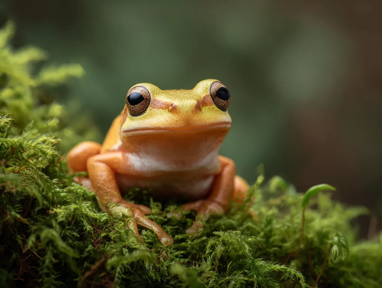 黄緑色のカエルの写真｜柔らかな苔の上に座る黄緑色のカエルが、優しい表情でこちらを見つめています。カエルの写真からは温かみと穏やかさが伝わってきます。
