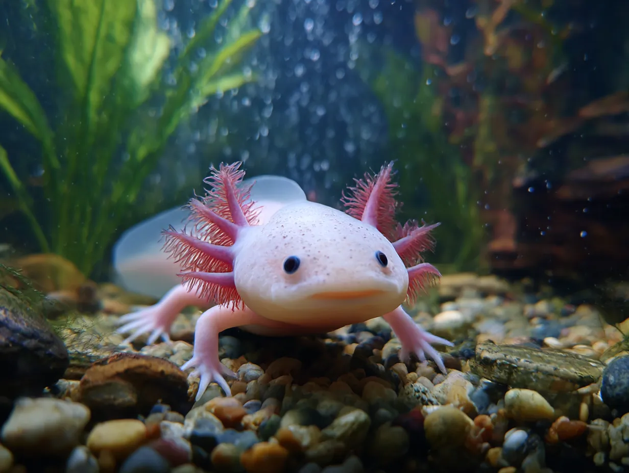ウーパールーパーのやさしい視線｜透き通った水中に佇むウーパールーパーが優しくこちらを見つめる一枚。柔らかい光と穏やかな表情が印象的で、ウーパールーパーの不思議で愛らしい雰囲気がそのまま伝わる癒やしの写真です。