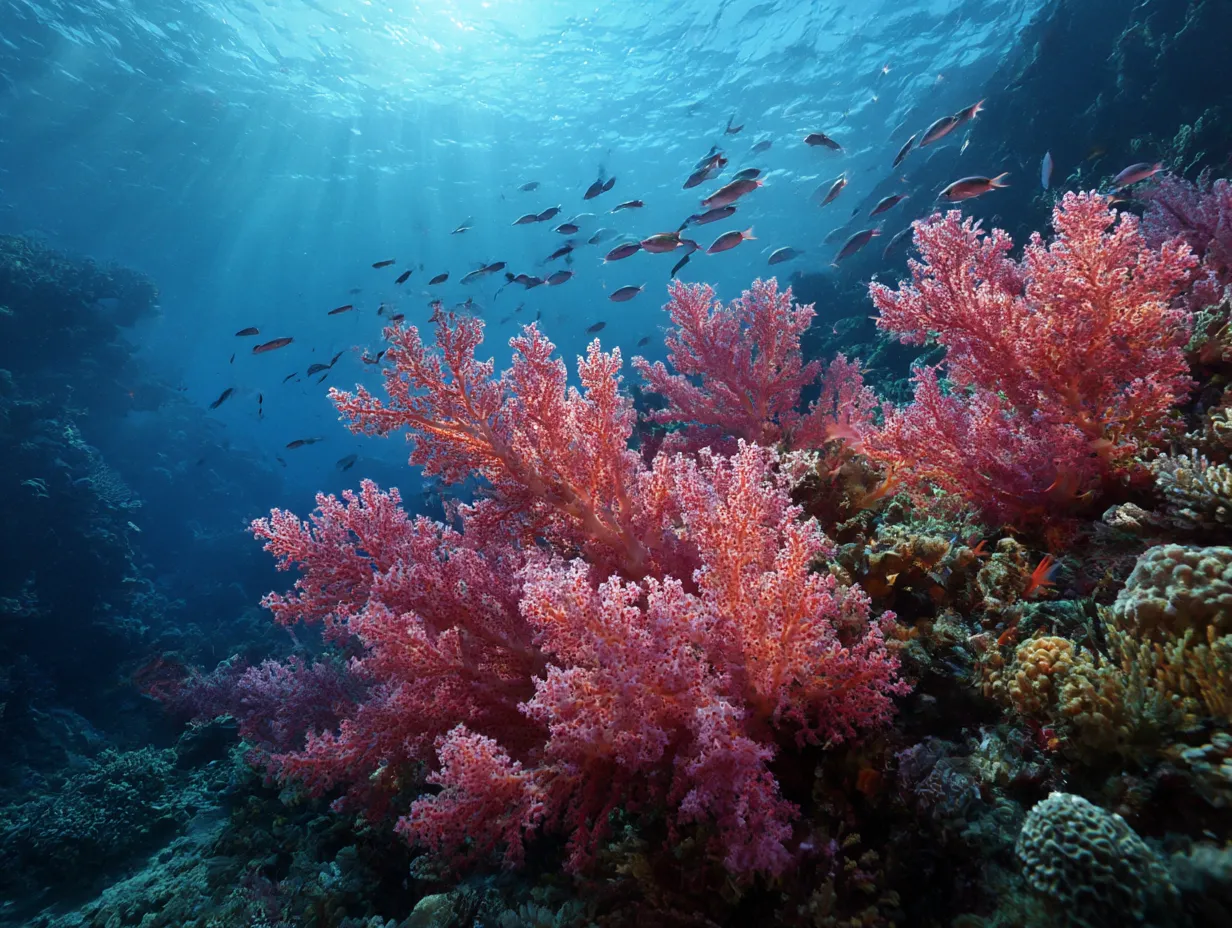 群生する海さんご写真｜青く広がる海の奥深くで、光を浴びて赤く染まるさんごの群生が力強い生命感を放つ。海とさんごの写真に壮大な自然の息吹を感じる。