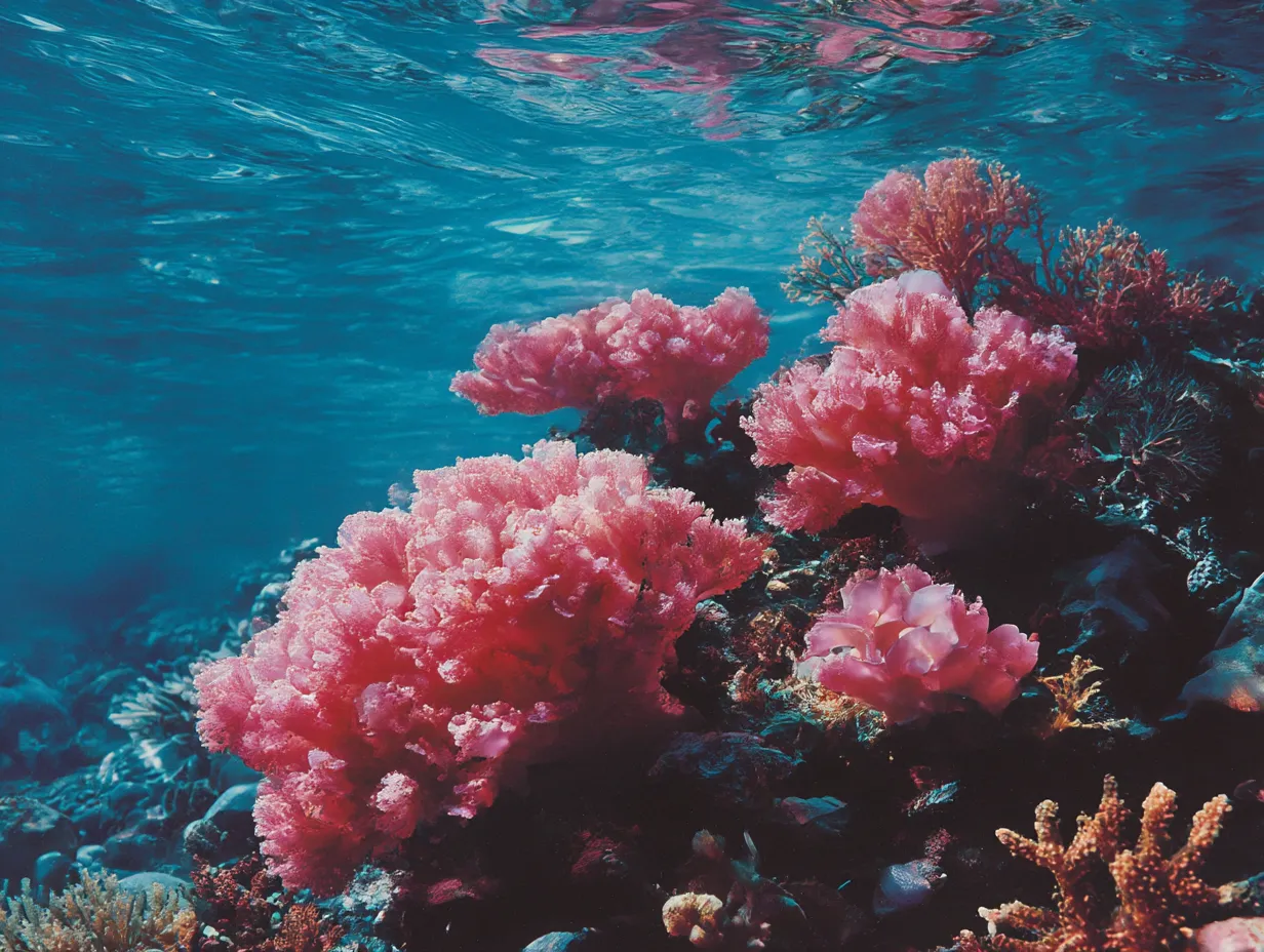 やわらかな海さんご写真｜丸みを帯びたピンクのさんごが、穏やかな海の中で花のように咲き誇る。柔らかで愛らしい海とさんごの写真。