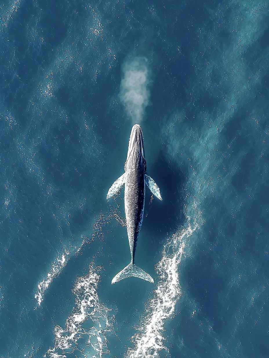 クジラ写真：水平線をゆく白い息｜クジラが吐き出す息が一筋の蒸気となり空へと昇る瞬間を捉えた写真。深い青と光の反射がクジラ写真の神秘性を際立たせている。