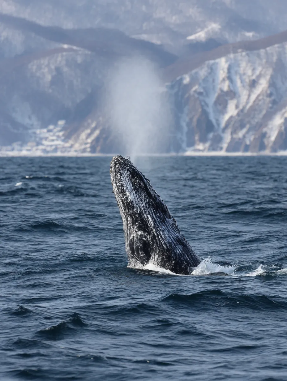 クジラ写真：雪山を背にした横顔｜冬の海に現れたクジラが山々を背景に浮かぶシーン。クジラ写真に寒冷地特有の静けさと壮大な時間の流れが感じられる一枚。