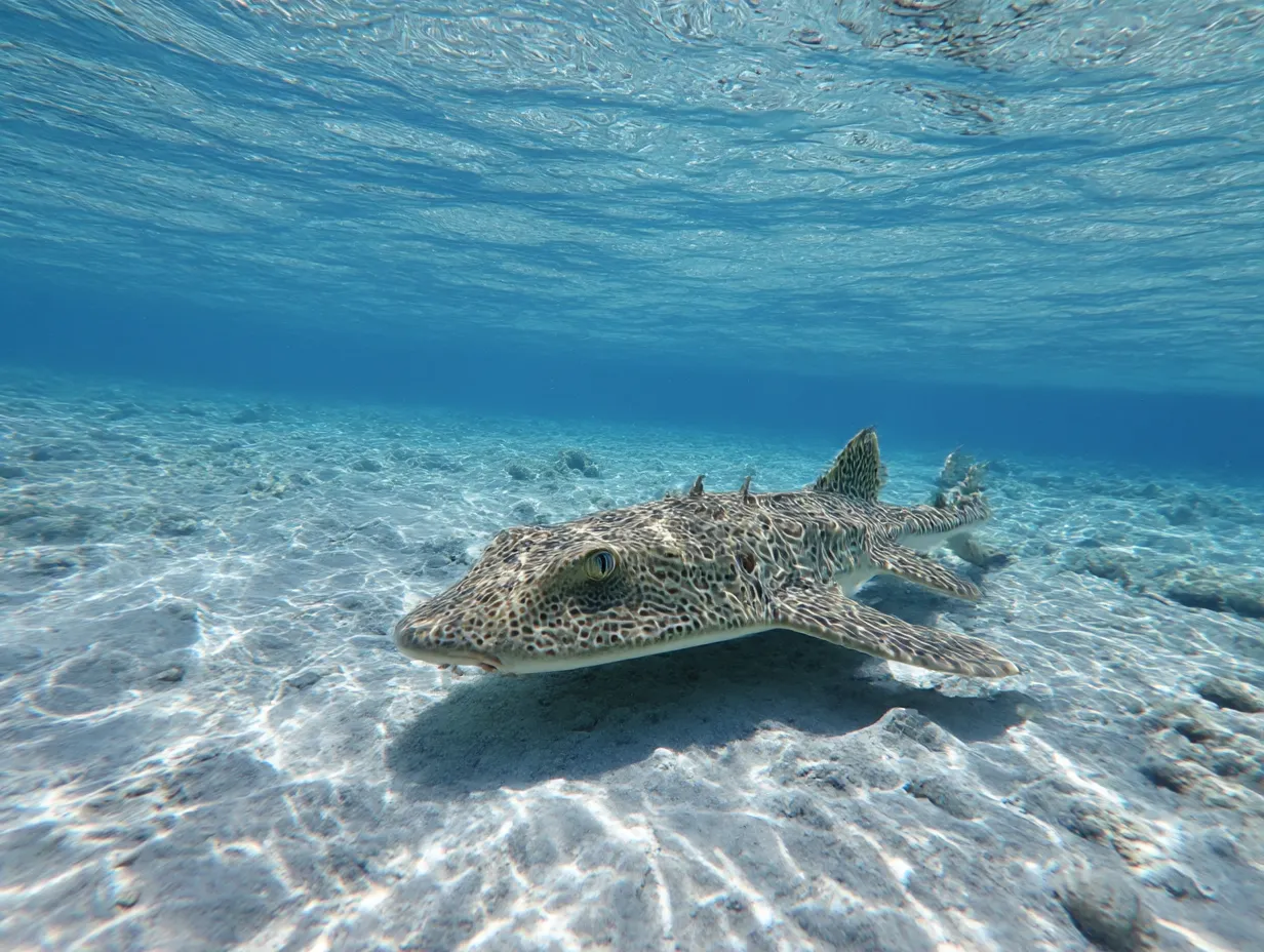 サメ写真：海底にたたずむ豹紋の影｜砂地に寝そべるように現れたサメの模様が美しく幻想的。野生と静けさが溶け合うような穏やかなサメ写真。