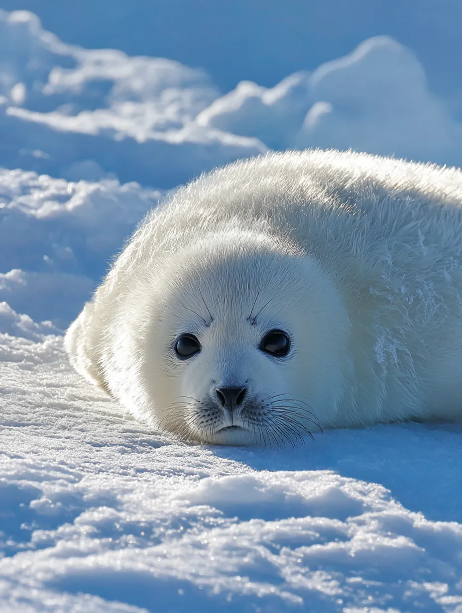 アザラシ写真：雪原に眠る白い命｜白銀の世界に溶け込むようなアザラシの赤ちゃんが、まっすぐ見つめる無垢な表情。透明感あふれる静寂が心に残るアザラシ写真。