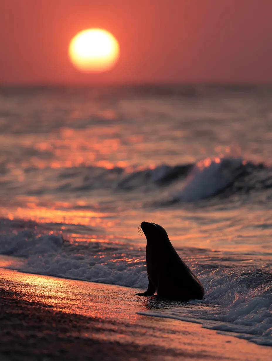 アザラシ写真：夕陽に染まる輪郭の影｜波打ち際で夕日を見つめるアザラシのシルエットが、詩的な時間の流れを伝える。光と影のコントラストが美しいアザラシ写真。