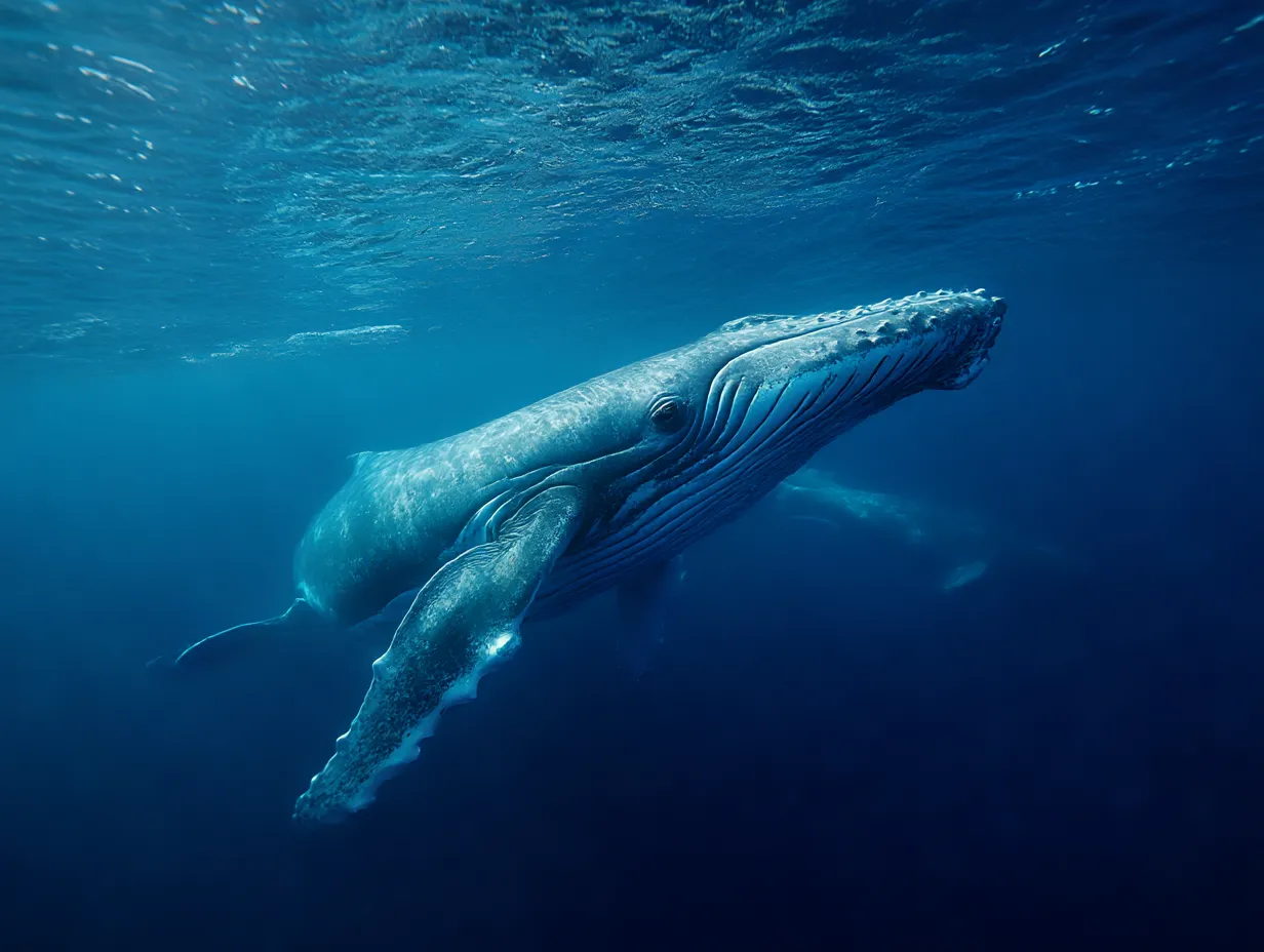 クジラ写真：水中に響くまなざし｜海中でこちらを見つめるクジラの姿は、柔らかい光に包まれ穏やかな気配を放つ。クジラ写真に包容力と安らぎを感じさせる表現。