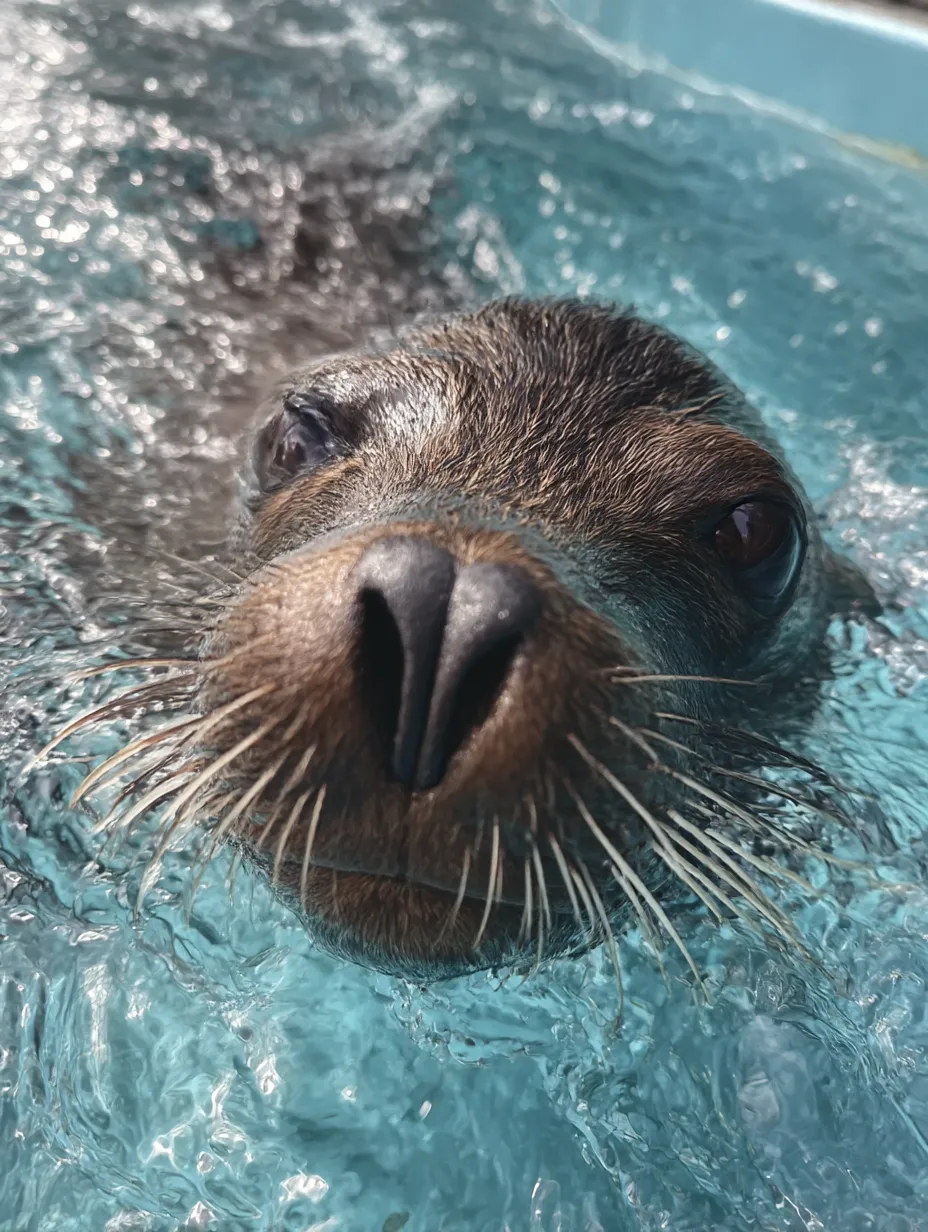 アシカ写真：間近に迫るひげの顔｜水面すれすれから見つめるアシカの顔がユーモラスで愛嬌たっぷり。透明な水のきらめきが印象的なアシカ写真に仕上がっている。