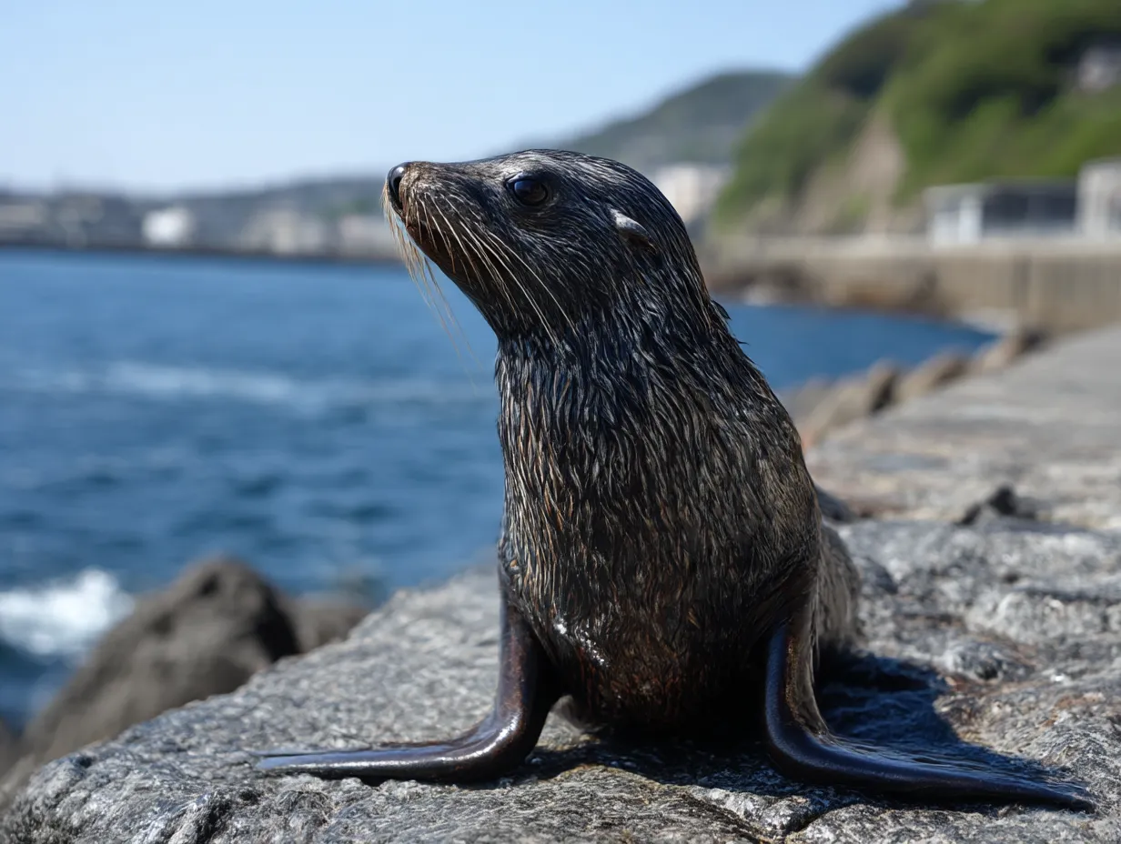 アシカ写真：堤防の上で見つめる瞳｜海を背景に街を見守るようにたたずむアシカが、どこか人間らしい表情を浮かべている。親近感を呼ぶアシカ写真。