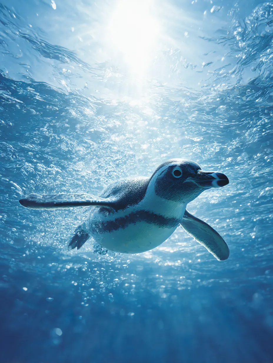光差す海中を泳ぐペンギン写真｜水面越しに太陽光が差し込む中、軽やかに泳ぐペンギンの姿をとらえたペンギン写真。透明感あふれるブルートーンが印象的。