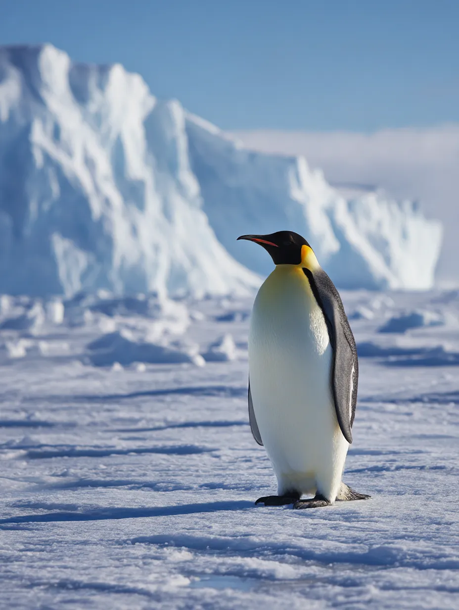 氷山を背にしたペンギン写真｜雪と氷に包まれた極地でたたずむペンギンの姿が印象的なペンギン写真。静かな自然の厳しさと生命力を感じさせる。