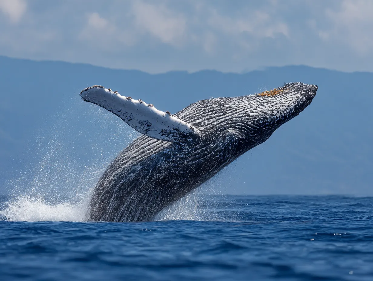 クジラ写真：空へ跳ねる海の王者｜今まさに跳躍するクジラの勇壮な姿を捉えたダイナミックな写真。しぶきの粒やクジラの姿が生き生きとした臨場感を与えるクジラ写真。