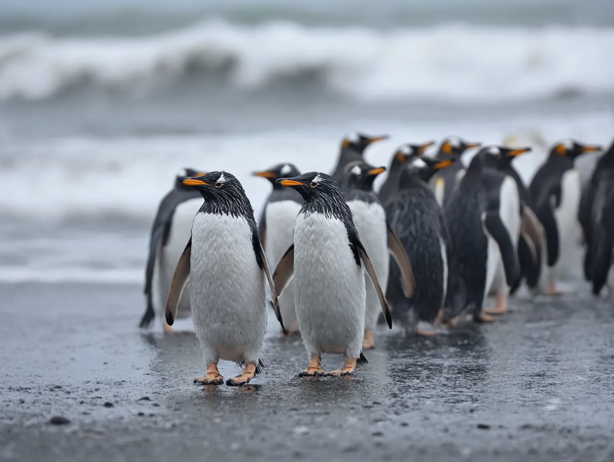 濡れた羽のペンギンたちの写真｜雨に濡れたペンギンたちの姿がリアルに描かれたペンギン写真。荒天の中でもたくましく生きる姿に力強さを感じる。