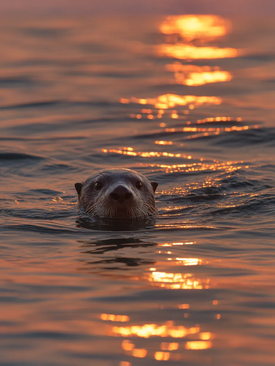 ラッコ　写真　夕焼けの水面から覗く瞳｜夕焼けに染まる水面から顔を出すラッコの写真。静けさの中に好奇心を感じる1枚で、ラッコの自然な姿が柔らかく印象づけられます。