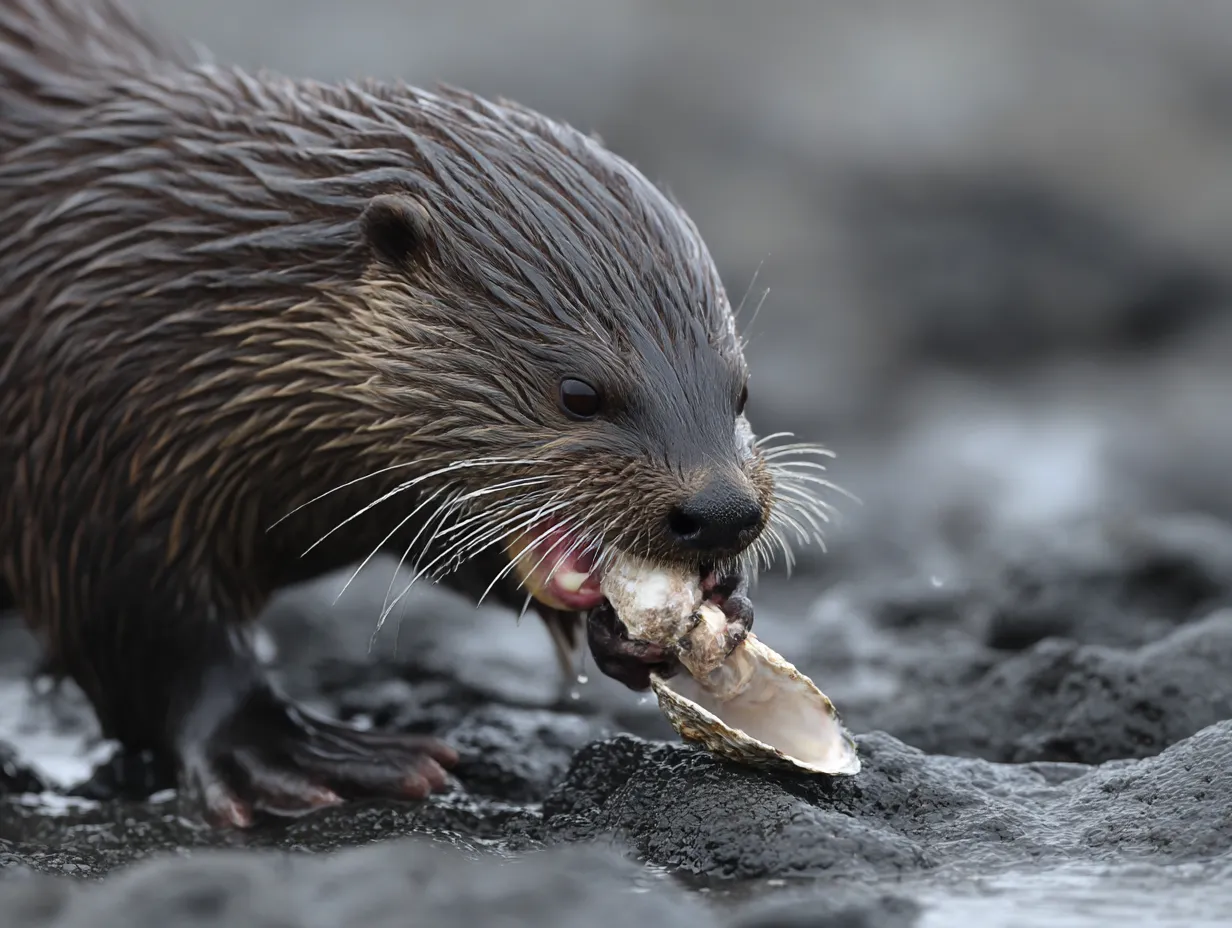 ラッコ　写真　岩場での豪快な食事風景｜岩の上で貝を食べるラッコの写真。ワイルドな食べ姿から野生の力強さを感じられ、ラッコの生態に迫る貴重な1枚です。