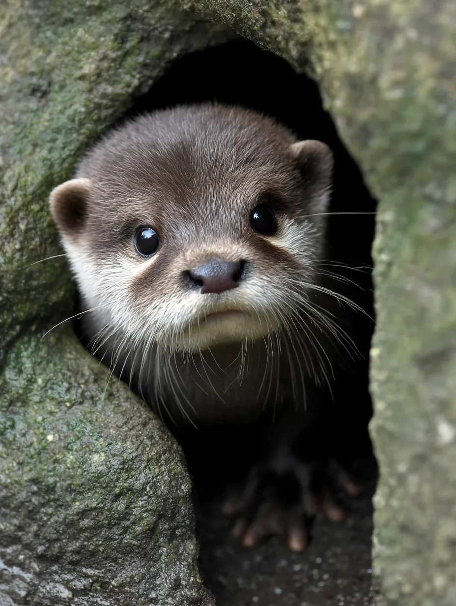 カワウソ　写真　ひょっこり顔を出す子｜岩の隙間から顔を出す子カワウソの写真。つぶらな瞳と小さな顔が愛らしく、カワウソの無垢な魅力があふれ出す一瞬です。