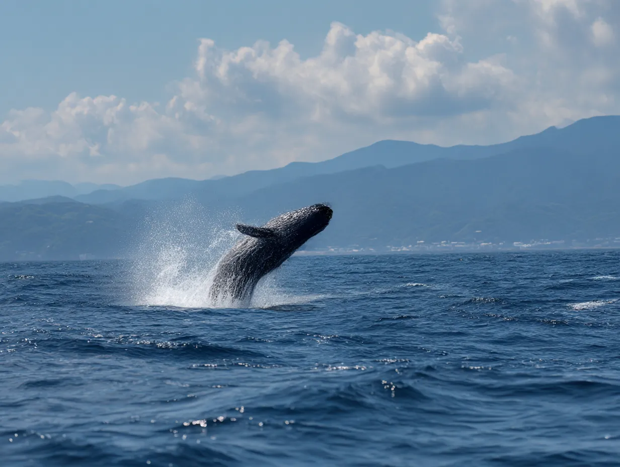 クジラ写真：旋回する飛翔の瞬間｜水平線上を軽やかに跳ね上がるクジラが、まるで空中を舞うように見える。クジラ写真として生命の律動が躍動感とともに伝わってくる。