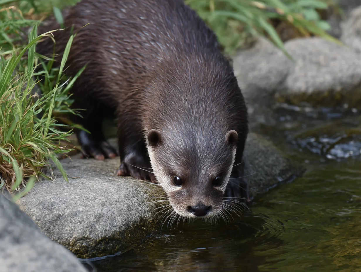 カワウソ　写真　そっと水辺を覗く姿｜水辺を慎重に覗き込むカワウソの写真。自然の中での静かなひとときを映し出し、カワウソの繊細な仕草が印象的です。