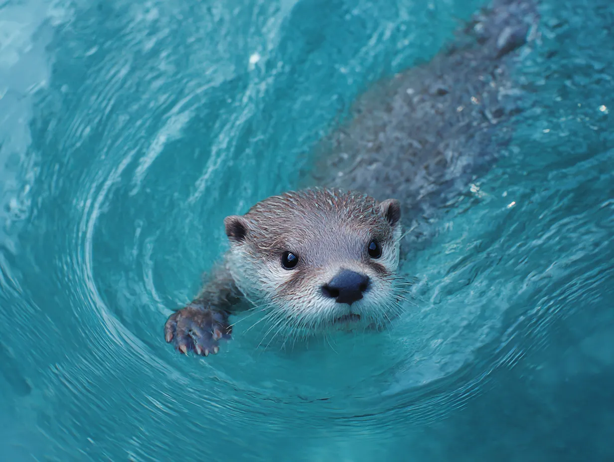 カワウソ　写真　水中をすいすい泳ぐ瞳｜透き通る水を泳ぐカワウソの写真。つぶらな瞳と水の動きが調和し、カワウソの自由な姿に癒される雰囲気があります。