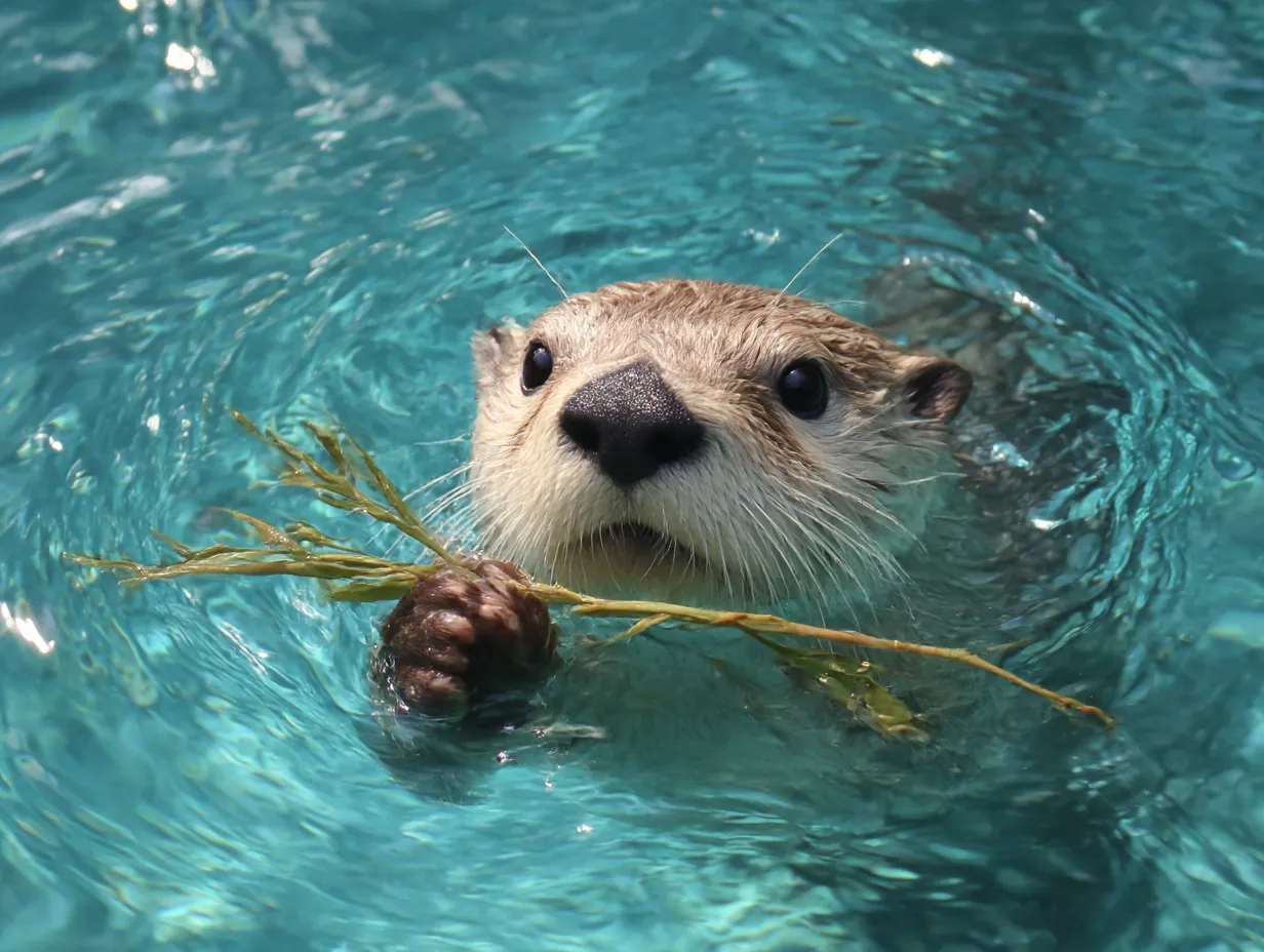 カワウソ　写真　水草を持ってご満悦｜水中で水草を手にしたカワウソの写真。にこやかな表情が印象的で、カワウソの遊び心と自然とのふれあいが伝わります。