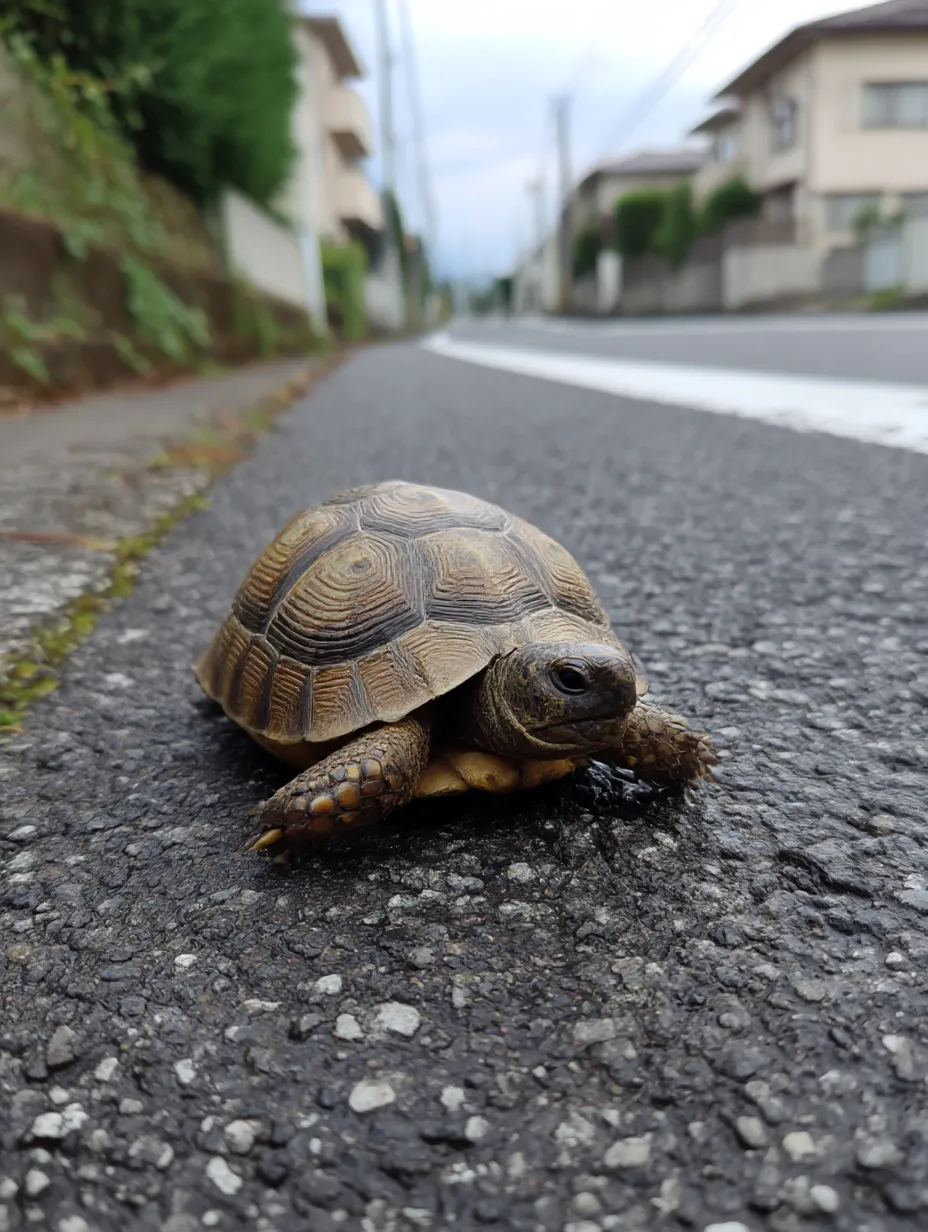 カメ　写真　街角を歩く小さな冒険者｜アスファルトの上をゆっくりと進むカメの写真。住宅街の中で堂々と歩く姿が微笑ましく、カメの写真ならではの静かな存在感があります。