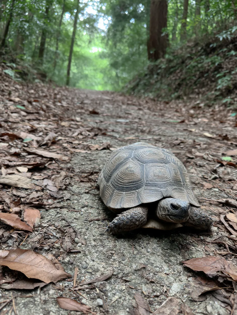 カメ　写真　森の小径にたたずむ姿｜落ち葉が敷き詰められた山道にたたずむカメの写真。森の静寂とカメの穏やかな表情が調和し、癒しを感じるカメの写真です。