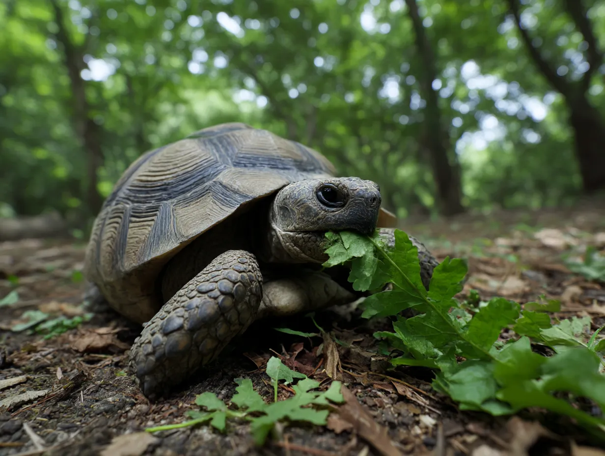 カメ　写真　葉っぱをもぐもぐ｜新緑の葉を食べるカメの写真。自然豊かな森の中でのんびり食事する姿が印象的で、カメの写真が伝える優しい時間の流れが心地よいです。