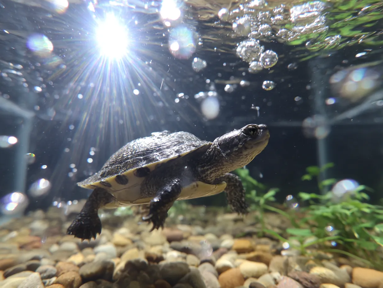 カメ　写真　光差し込む水中世界へ｜水中を泳ぐカメを太陽の光が照らす幻想的な写真。泡が舞う中で自由に動く姿に、カメの写真から自然の神秘を感じ取れます。