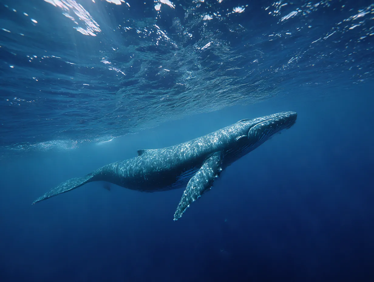 クジラ写真：蒼き深海に沈む輪郭｜水面下にゆっくりと沈むクジラが、静謐な深海の蒼と一体化するように見える。クジラ写真における沈黙と深みの魅力が詰まった一枚。
