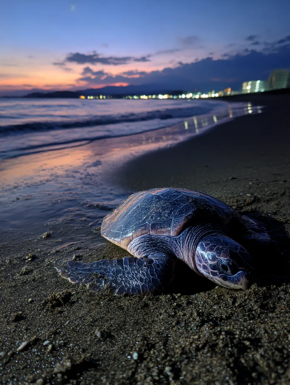 ウミガメ　写真　夕暮れの海へ向かう旅｜夕暮れの浜辺に佇むウミガメの写真。海の彼方に向かう静かな瞬間が美しく、ウミガメの写真が語る生命の旅が胸に響きます。