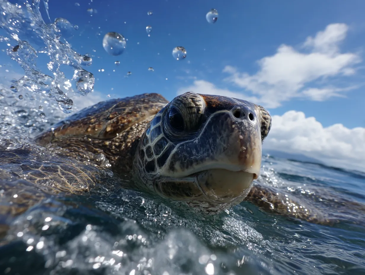 ウミガメ　写真　海上で見つめるその目｜青空と水しぶきの中でこちらを見つめるウミガメの写真。臨場感あふれる構図が印象的で、ウミガメの写真が力強さと知性を感じさせます。