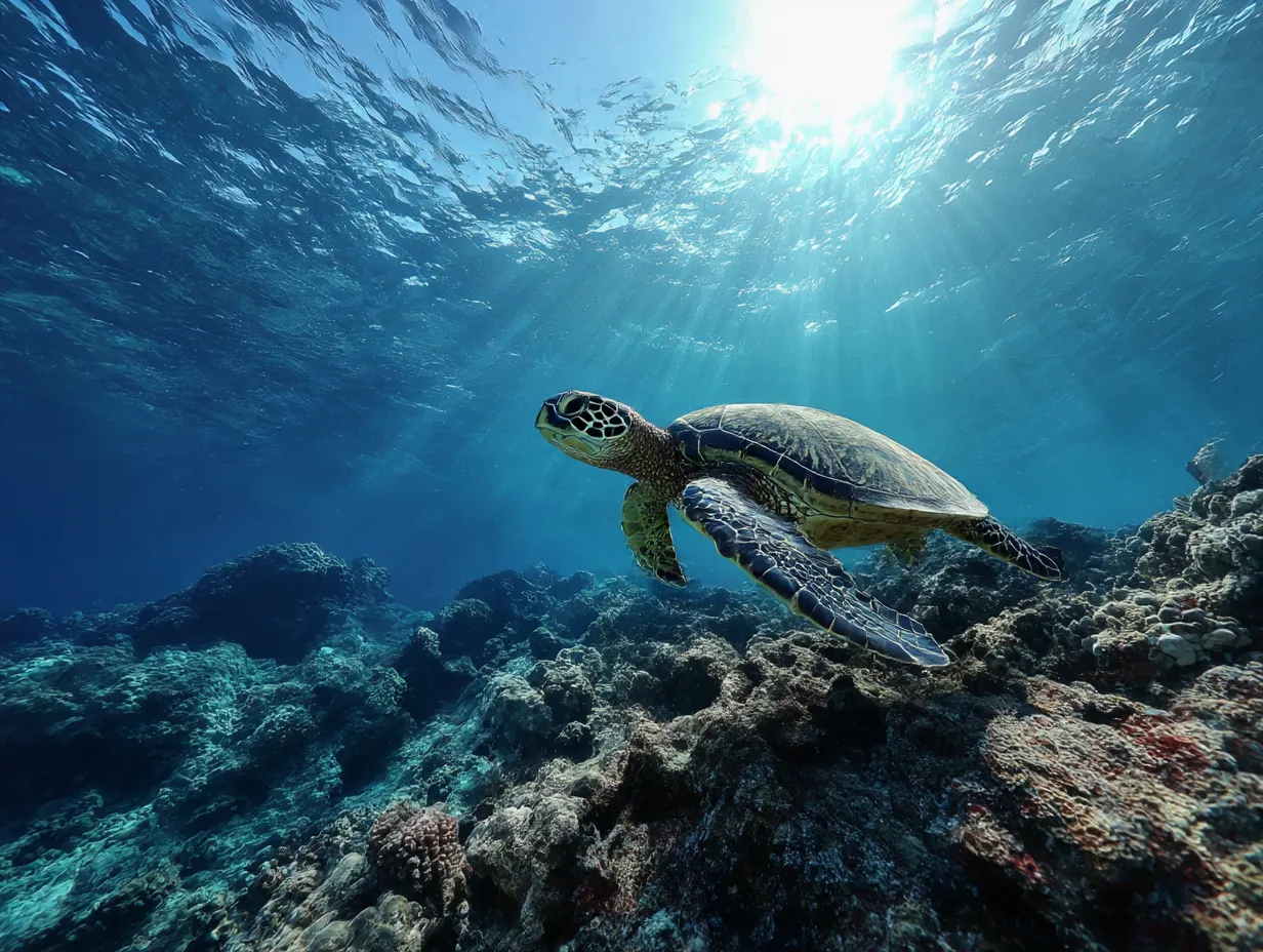 ウミガメ　写真　光差す海底を舞う影｜太陽の光が差し込む海底を泳ぐウミガメの写真。透き通る水とゆったりした動きが美しく、ウミガメの写真が静謐な世界を描き出します。