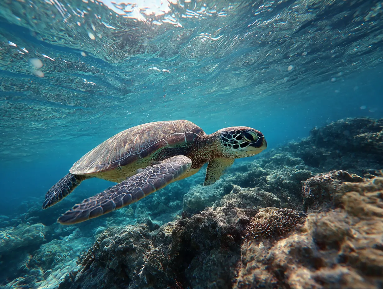 ウミガメ　写真　サンゴ礁をすいすいと｜青く広がる海とサンゴ礁の中を泳ぐウミガメの写真。自然の色彩と調和した姿が印象的で、ウミガメの写真から海の豊かさが伝わります。