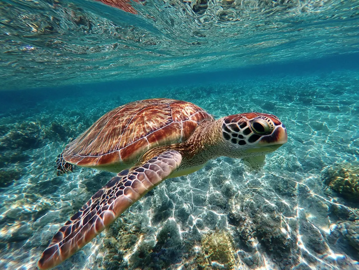 ウミガメ　写真　透明な海の中を漂う体｜水面から差し込む光と透き通った海中を優雅に進むウミガメの写真。光のきらめきと姿が調和し、ウミガメの写真に癒しの力を感じます。