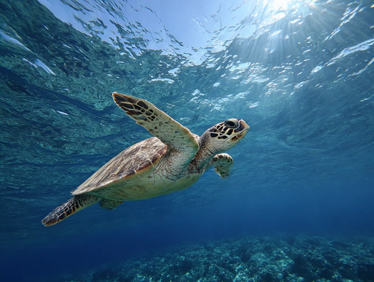 ウミガメ　写真　青い空と海を背に舞う｜水面近くをゆったりと泳ぐウミガメの写真。太陽の光に照らされた姿が神秘的で、ウミガメの写真が描く大海原の自由が心を打ちます。