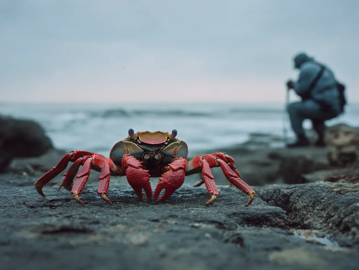 カニ　写真　岩場で見つめ返す赤い眼差し｜岩場に佇む赤いカニがカメラに向かって見つめる写真。背景の人物と対比され、カニの写真に強い存在感と野生の迫力が宿ります。