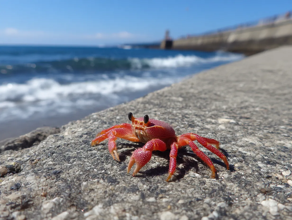 カニ　写真　波打ち際の小さな守り手｜防波堤沿いで波を背にした赤いカニの写真。小さな体に宿る誇らしさが感じられ、カニの写真が浜辺の静かな勇者を写し出します。