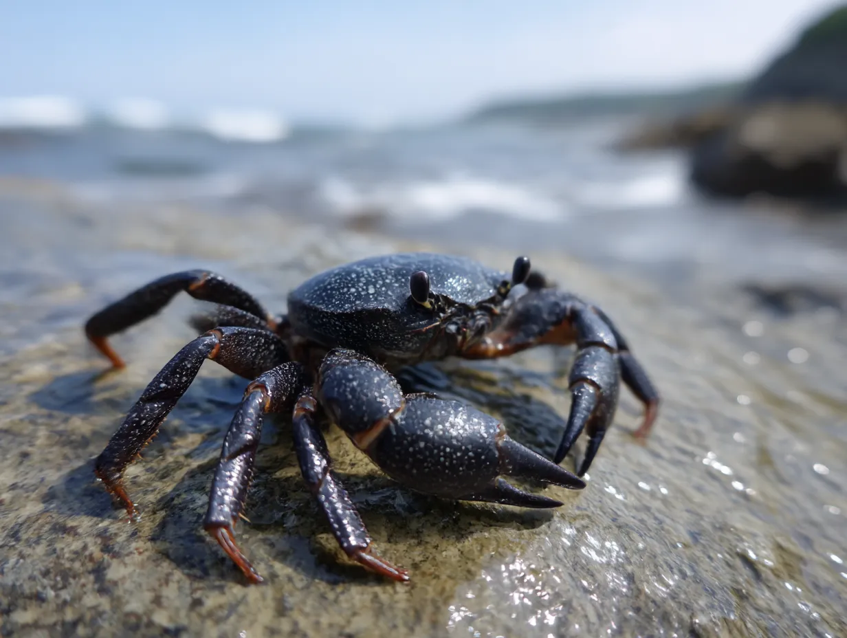 カニ　写真　艶めく黒と波の煌めき｜光を反射した黒いカニが岩の上に佇む写真。水面の煌めきが背景を彩り、カニの写真に深みと上品な魅力が広がります。